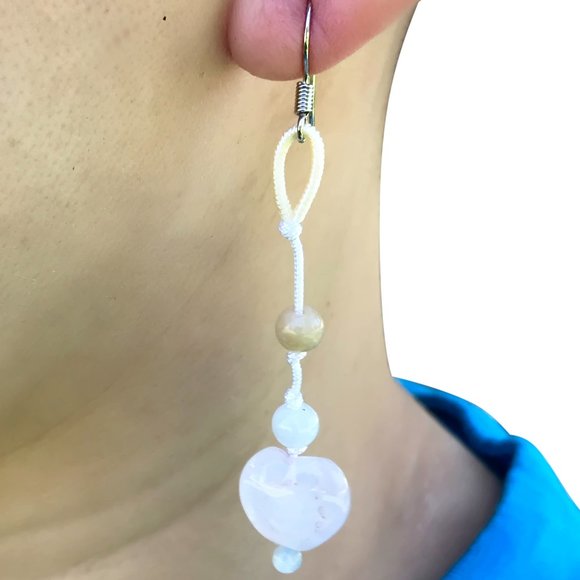 Pretty Rose Quartz Heart with Double Beads Gemstone Earrings - Picture 4 of 4